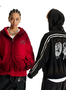 8FF/25AW 重磅水洗做旧喷色Vintage印花连帽美式卫衣开衫外套潮男