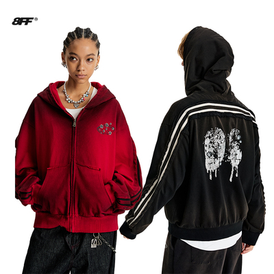 8FF/25AW 重磅水洗做旧喷色Vintage印花连帽美式卫衣开衫外套潮男