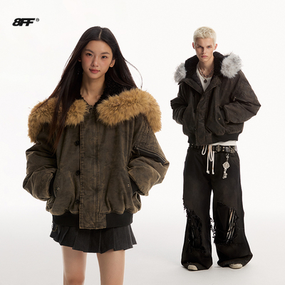 8FF加厚短款迷彩毛领连帽棉服