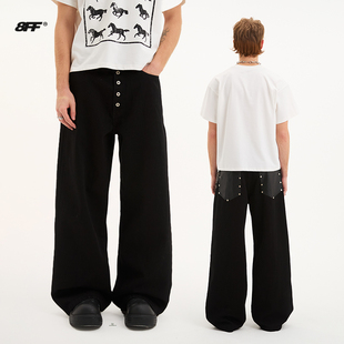 8FF26春新款黑色宽松弯刀裤五连扣皮口袋撞钉休闲街头牛仔裤baggy