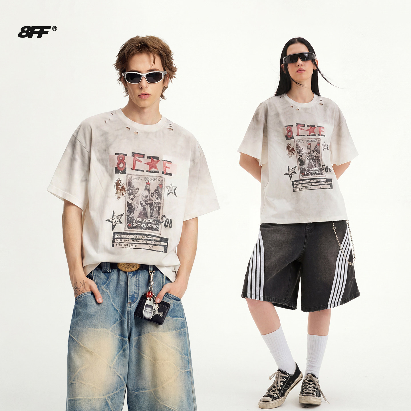 8FF【赵品霖同款】水洗做旧破坏短袖vintage人像复古美式街头T恤
