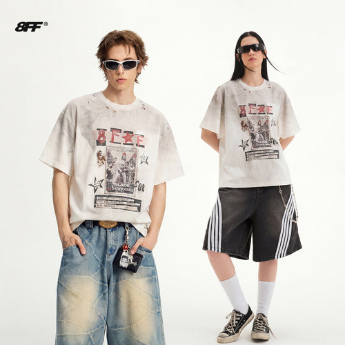 8FF李卿同款 水洗做旧破坏短袖vintage人像复古美式街头破洞T恤潮