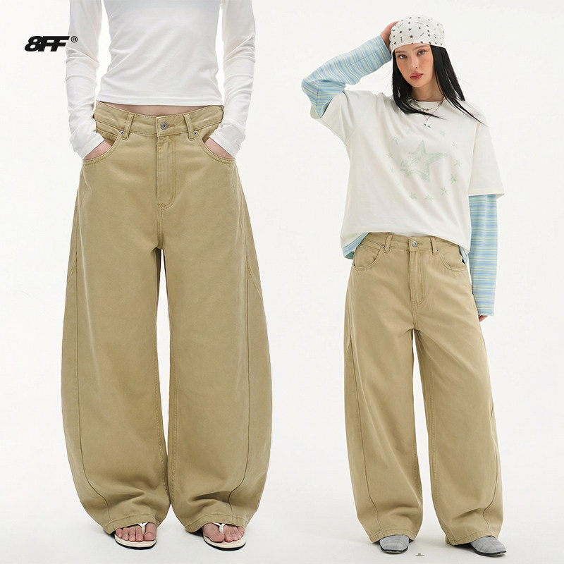 8FF26春新款卡其色弯刀牛仔裤简约百搭休闲宽松长裤复古棉质裤子