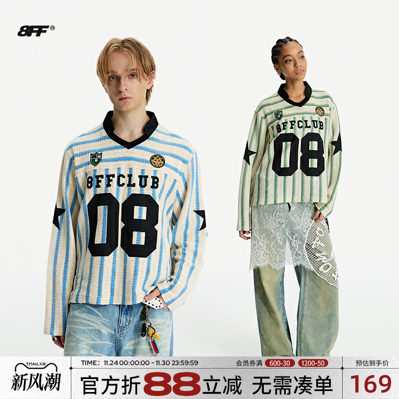 8FF明星赵品霖同款美式复古运动球衣绣花短款宽松休闲条纹长袖T恤