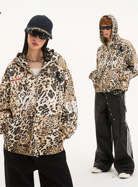 8FF26SS撞色旗帜豹纹卫衣外套战马刺绣美式街头连帽宽松拉链开衫