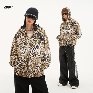 8FF26春新款撞色豹纹卫衣外套战马刺绣美式街头连帽宽松拉链开衫