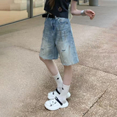 25SS 宽松五分裤 重工水洗磨破泥染短裤 8FF dirty fit牛仔短裤 中裤