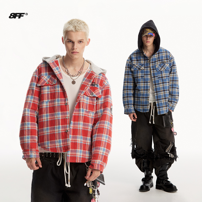 8FF大不相同/加厚格子连帽棉衬衫