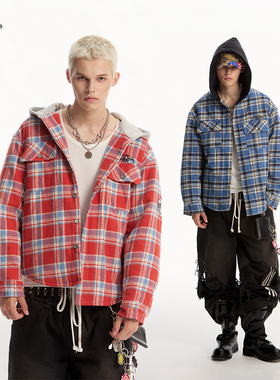 8FF大不相同/廓形徽章绣花休闲连帽格子羽绒棉服衬衫保暖外套棉服