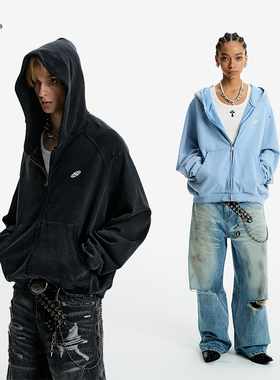 8FF/25AW新款重磅水洗做旧磨破短款外套连帽开衫卫衣针织衫上衣