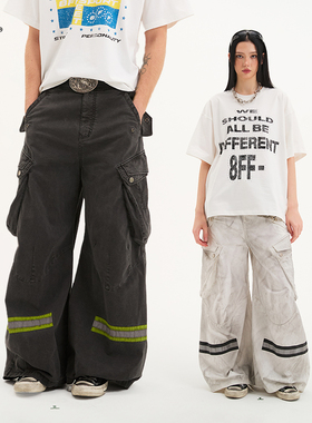 8FF26SS立体多口袋工装裤水洗做旧脏染宽松阔腿裤cargo反光休闲裤