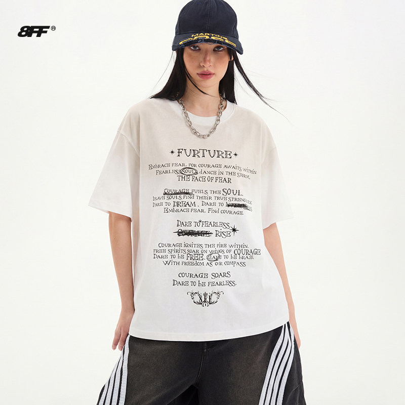 8FF/25SS 弹幕海报vintage印花水洗做旧泥染透气短袖T恤男女夏季