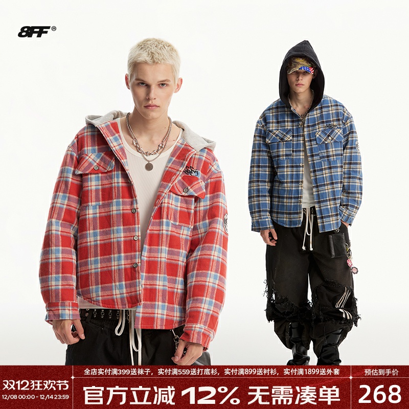 8FF大不相同/加厚格子连帽棉衬衫