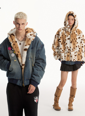 ff8大不相同/张哲旭颜安同款双面牛仔豹纹仿水貂座山雕棉服厚外套