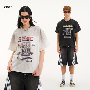 8FF水洗破坏短袖26夏新品vintage人像趣味印花渐变个性破洞T恤潮