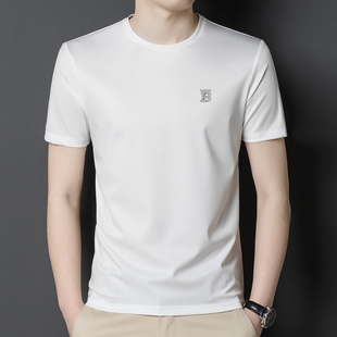 伦巴宝利娇纯色冰丝短袖t恤男士夏季新款桑蚕丝半袖休闲圆领T恤
