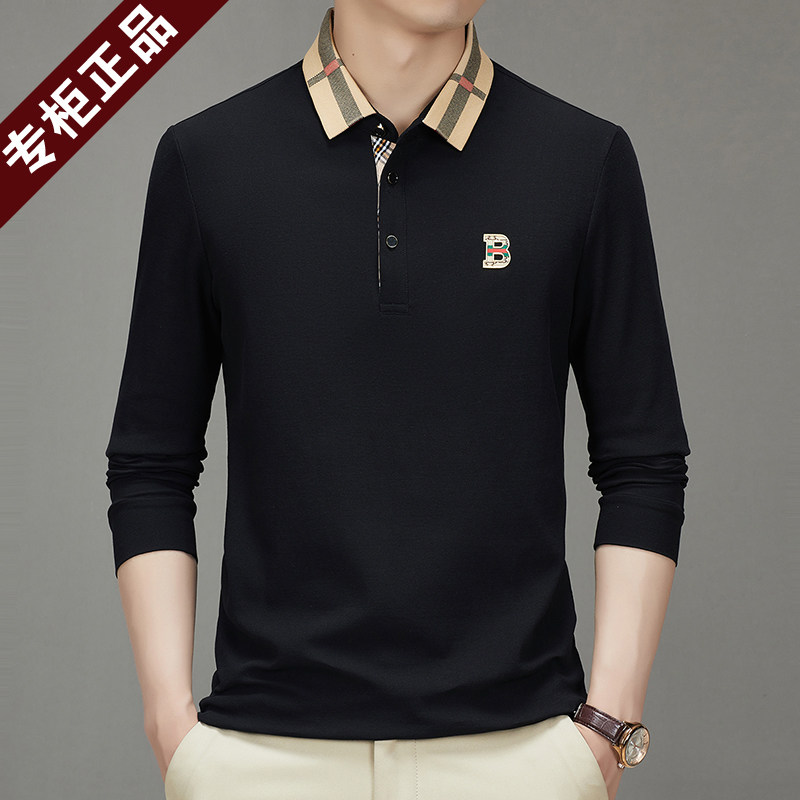 英伦巴宝利娇翻领长袖T恤男日常休闲中年轻奢时尚纯棉POLO衫上衣