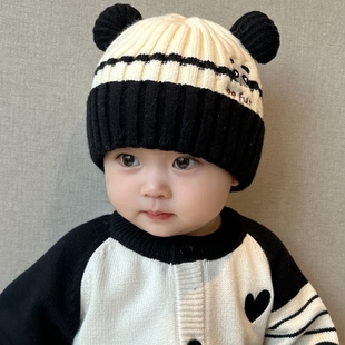 熊猫帽子儿童秋冬款宝宝帽子男孩毛线帽男宝可爱超萌儿童男童防风