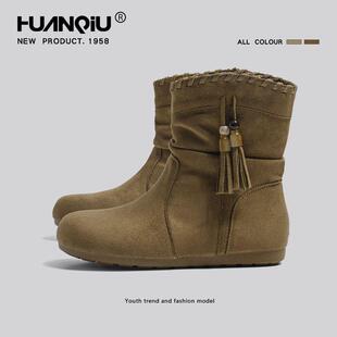 环球复古西部牛仔短靴女2025秋冬新款时尚百搭流苏棕色堆堆短筒靴