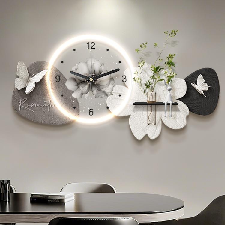 石来运转带时钟表餐厅装饰画感水培绿植客厅挂画2025新款壁灯