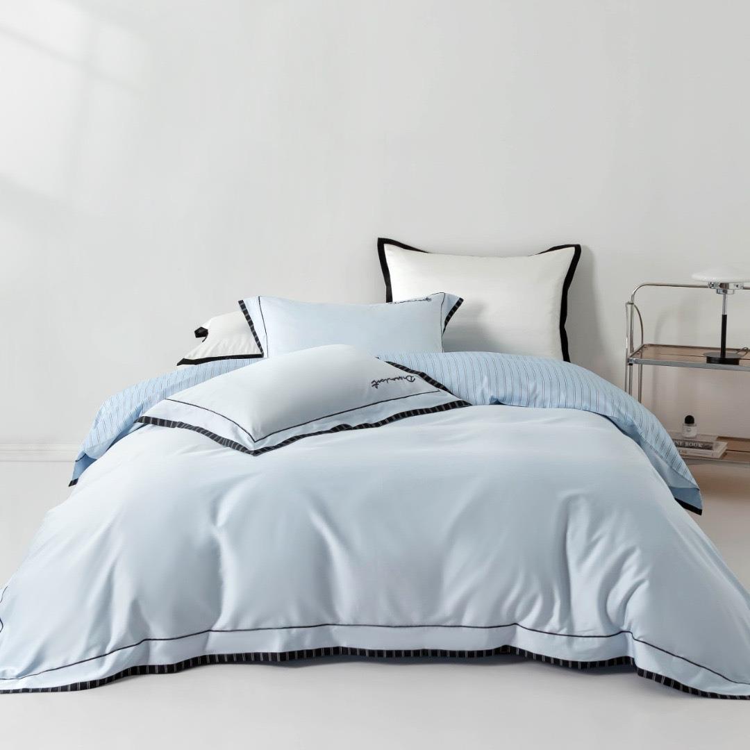 轻奢条纹120支贡缎长绒棉四件套黑色拼角被罩床单纯色床上用品