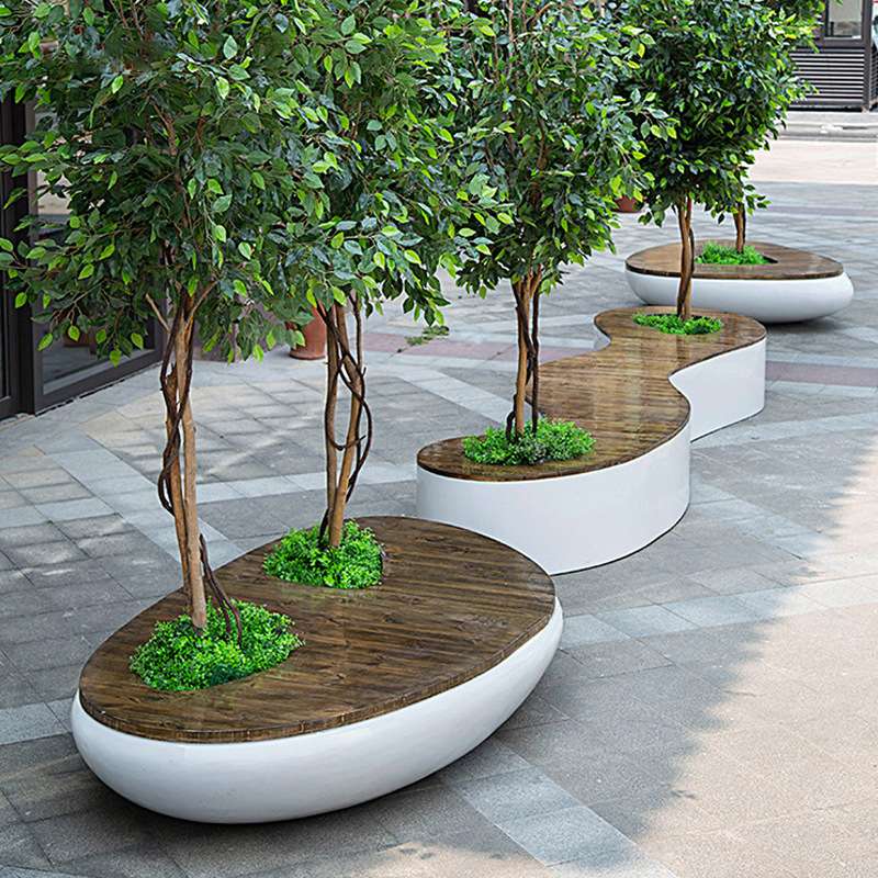 深圳室内外木纹面玻璃钢树池花盆座椅机场多人位公共休息景观坐凳