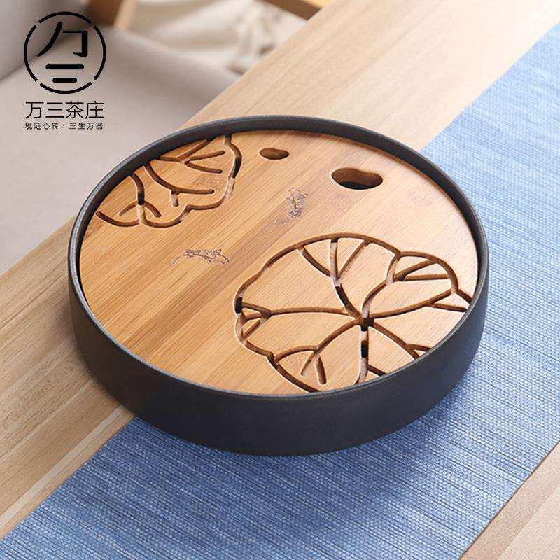 万三茶庄日式简约粗陶功夫小茶盘竹制干泡台储水陶瓷壶承托盘