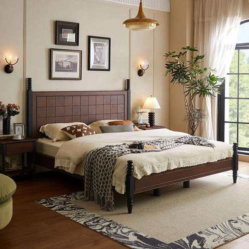 法式樱桃木中古风实木双人床主卧室1米8婚房现代简约复古简约大床