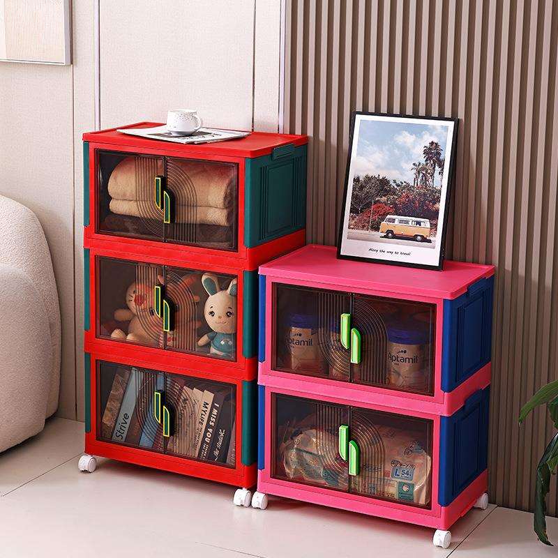 折叠收纳箱免安装宝宝衣物双开门多层储物柜家用多巴胺防尘收纳柜