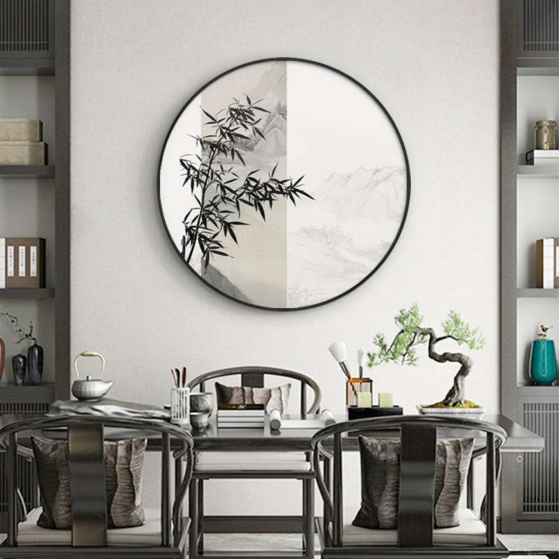 迎客松新中式玄关装饰画茶室山水挂画中国风水墨画竹报平安圆形画