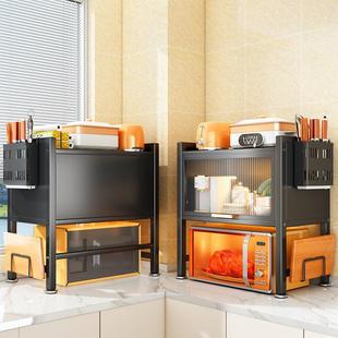 台面可伸缩微波炉厨房置物柜 亚克力板门碗盘柜架子碳钢收纳架