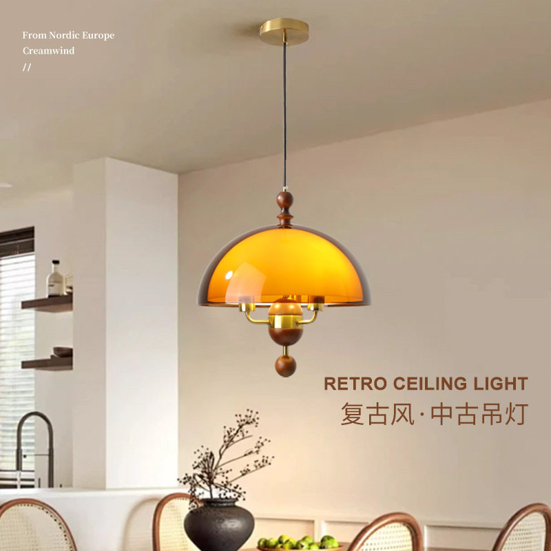 中古风餐厅吊灯复古胡桃木纹餐桌灯法式南洋风吧台灯具2025新款图片