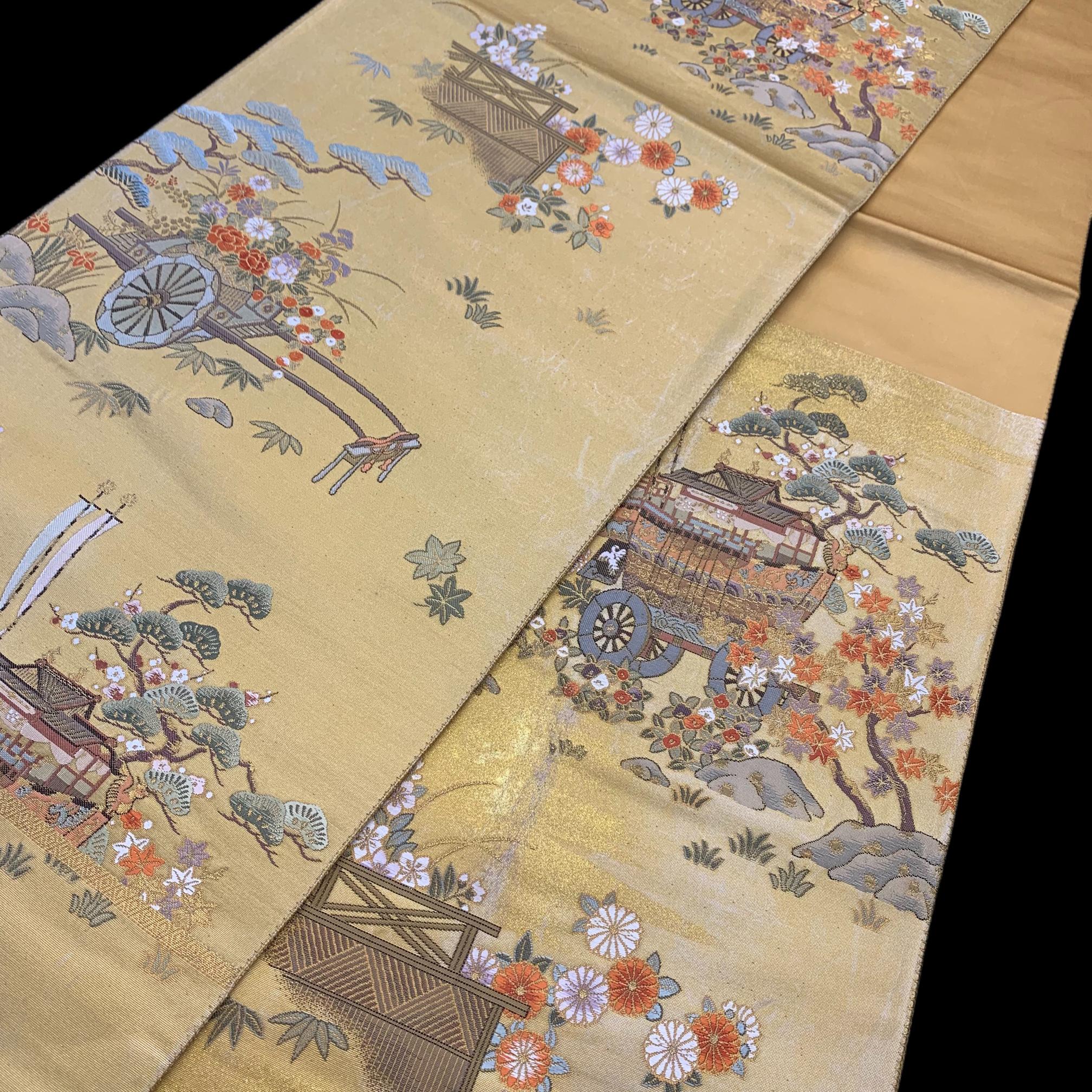 【金泥箔古代九百锦船巡行】六通正绢真丝西阵织茶席桌旗手工面料