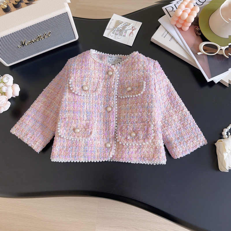 新品童装女童小香风套装冬季新款加厚夹棉格子珍珠外套半身裙套装