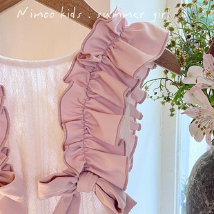 新款 女童甜美花边蝴蝶结连体森系儿童中小童女宝宝沙滩度假游泳衣