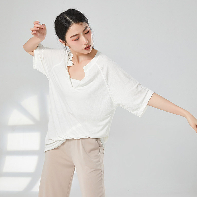 现代舞舞蹈生日常穿搭宽松深v男女同款个性长袖T百搭上衣