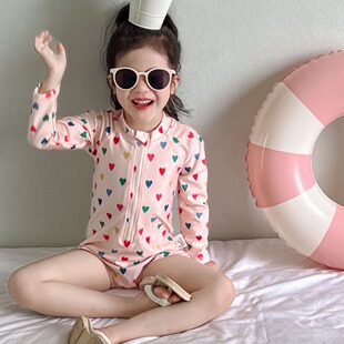 防晒连体泳衣温泉沙滩度假泳装 可爱甜美女童长袖 儿童泳衣夏季 新款