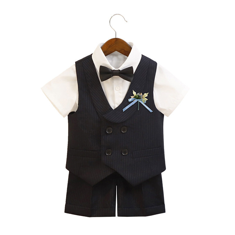 儿童西服春夏时尚条纹马甲短袖套装男童主持表演服小童花童礼服
