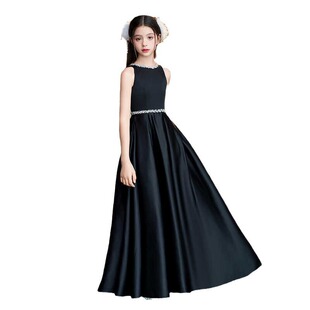 黑色缎面晚礼服小提琴演出服小主持人女童简约日常可穿生日礼服