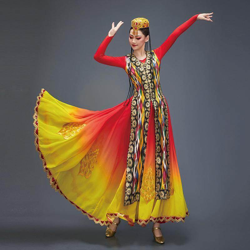 新款新疆维吾尔族舞蹈服装女少数民族维族艺考表演练功大摆裙套装