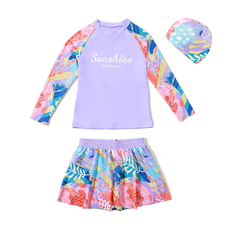 儿童泳衣女童中大童分体连体泳装胖童速干防晒纯色碎花温泉泳装夏