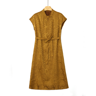 锦月丝府提花缎香云纱桑蚕丝落肩袖连衣裙FW85D143-3（28）