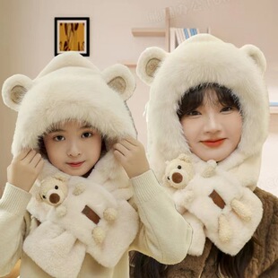 冬季可爱儿童帽子围巾二件套一体男女童宝宝保暖防风毛绒围脖