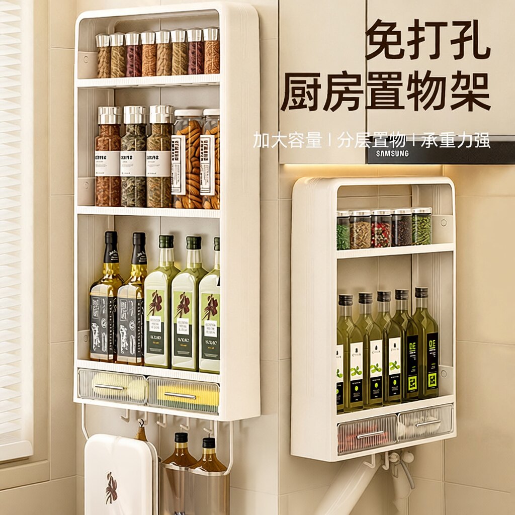 厨房免打孔壁挂置物架多功能收纳