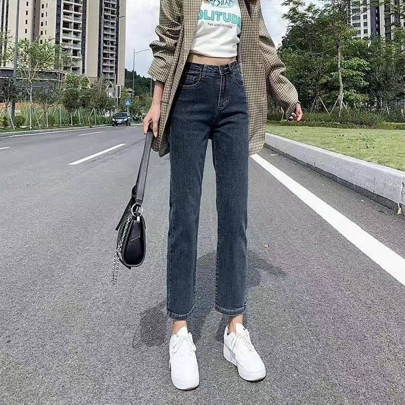 高腰弹力直筒牛仔裤女春秋季新款大码胖mm修身显瘦遮胯烟管裤九分