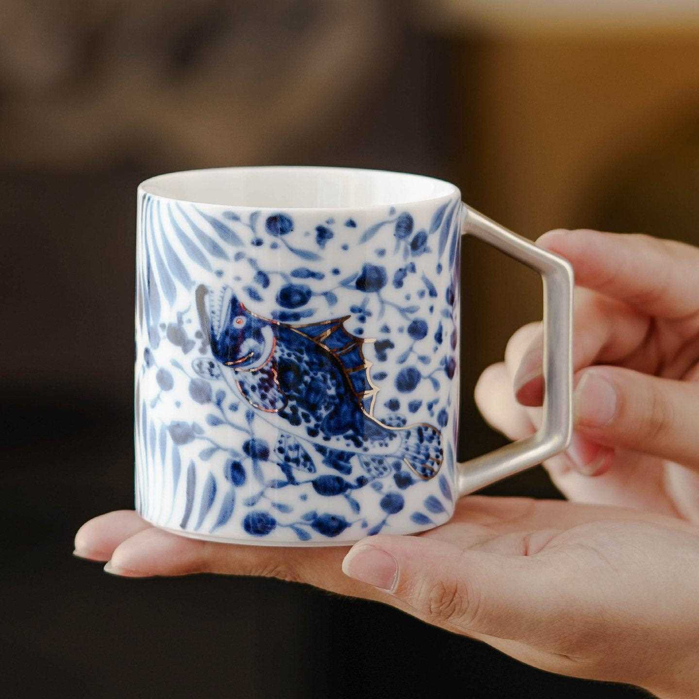 新款直销鎏银番莲鱼藻纹茶杯陶瓷杯马克杯颜值喝水杯子国潮咖啡杯