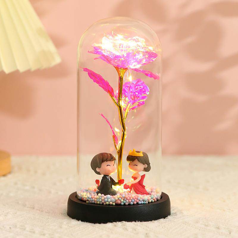 新款直销创意七彩24k金箔花彩金仿品带灯永生玫瑰花玻璃罩礼盒套