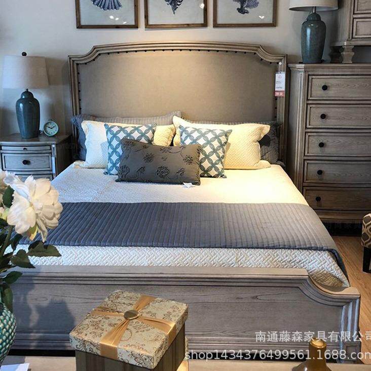 新款直销美式实木床法式复古床1.8米婚床仿古做旧床双人实木软包