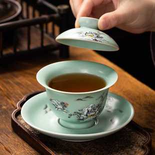 新款直销天青色汝窑盖碗开片手工茶碗陶瓷茶具泡茶三才盖碗国庆节