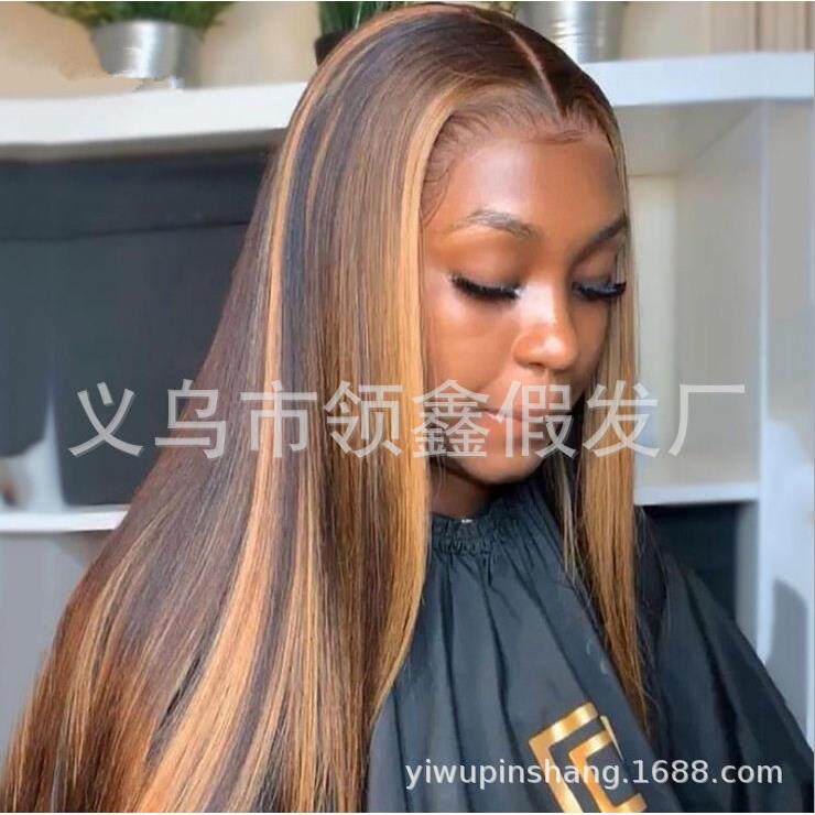 新款直销2021欧美新款假发女中分渐变棕色长直发染色黄色渐变色假